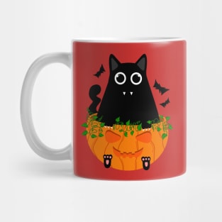 Cute Spooky Black Cat with Fangs Sits in Halloween Pumpkin Mug